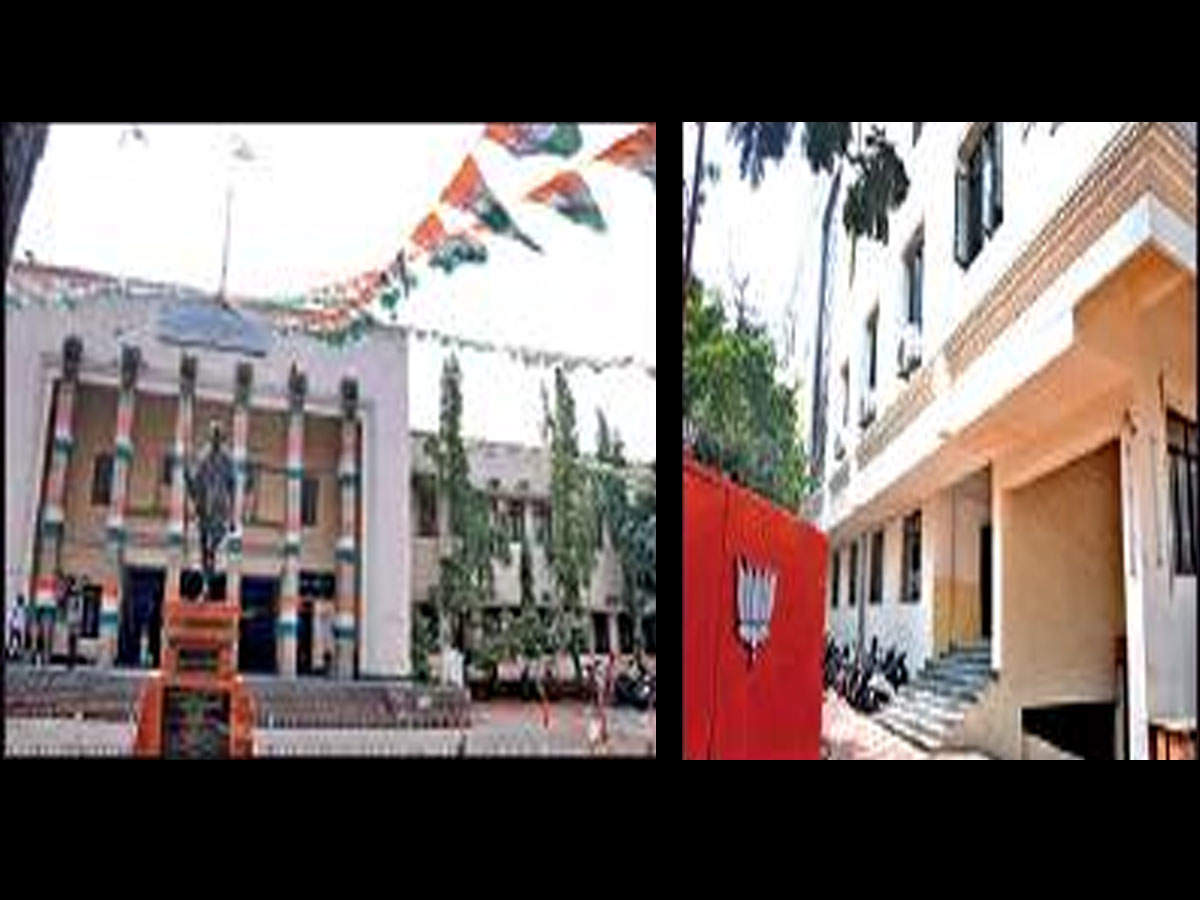 Headquarters of the Congress (L) and BJP wore a deserted look following their loss
