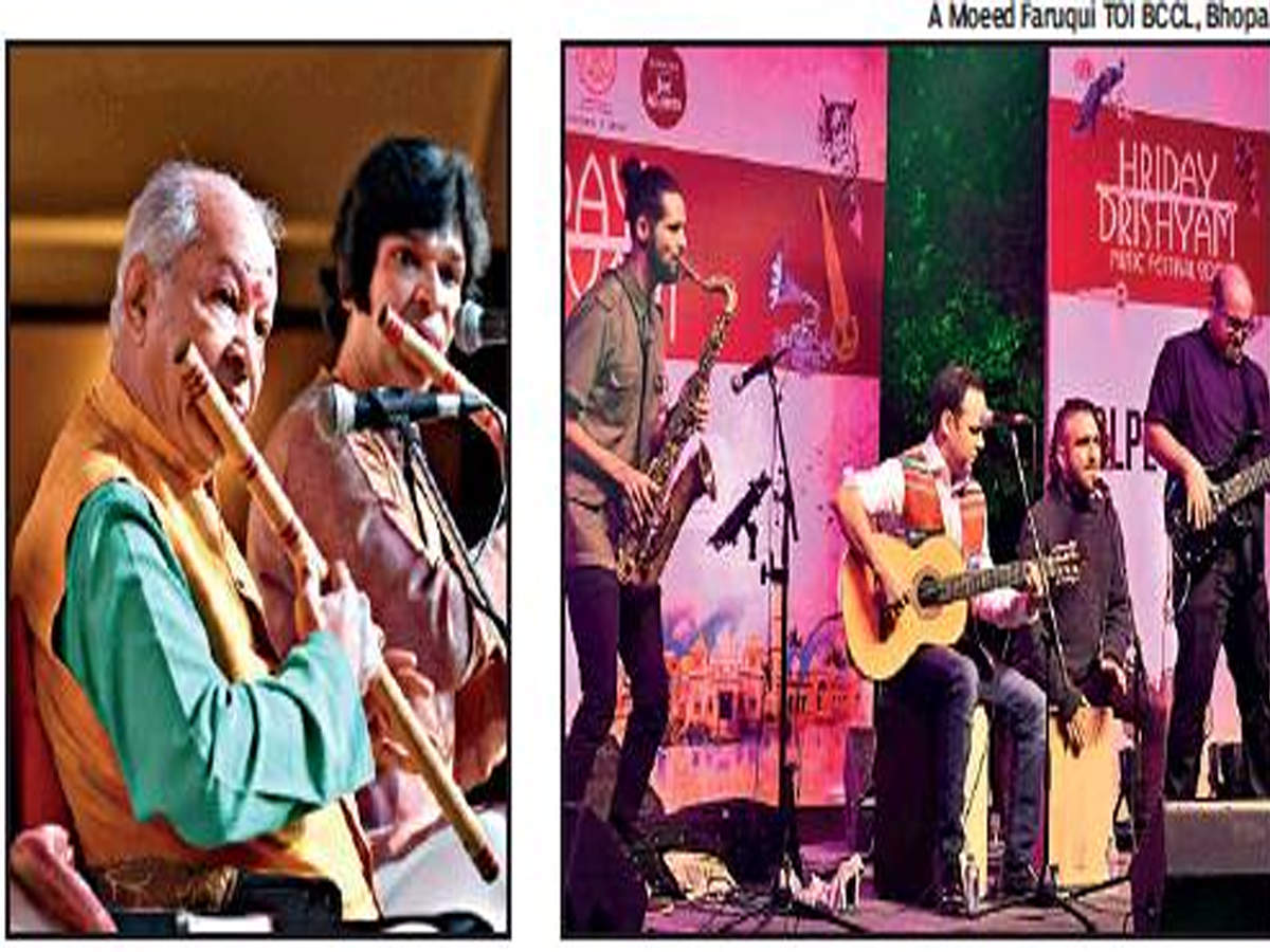 Flute maestro Pt. Hariprasad Chaurasia performs at Minto Hall on Saturday in Bhopal. (R) Golpe Tierra band performs in Hriday Drishyam at Bharat Bhavan in Bhopal