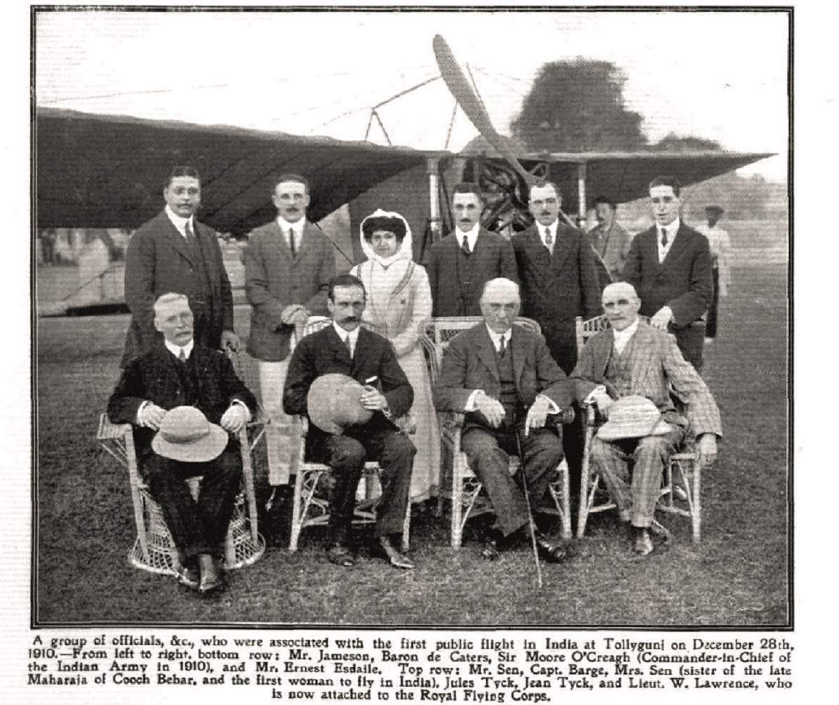 A photograph carried in UK's Flight magazine shows Mrs N Sen with Baron Pierre de Caters (seated, second from left) and her husband Mr Sen, standing to the extreme left . The photograph was taken at Tollygunge Club on December 28, 1910, the magazine said. 