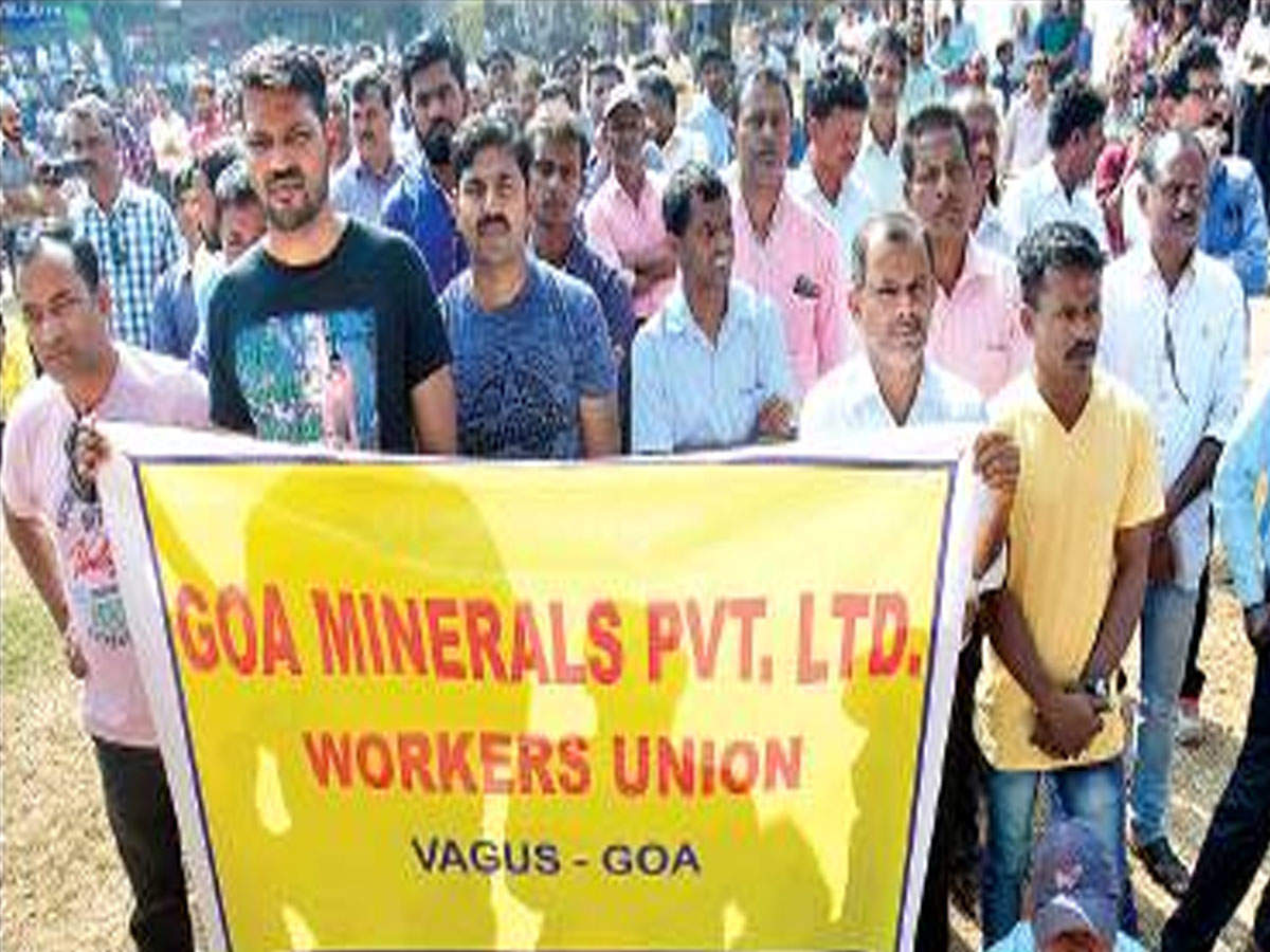 Members of the Goa Minerals Pvt Ltd Workers Union, Vagus, participated in a protest in Panaji on Tuesday