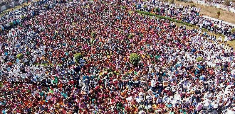 Nearly 15,000 farmers gathered to protest against land acquisition for Surat-Ahmednagar highway project in Chikhli in Navsari on Thursday