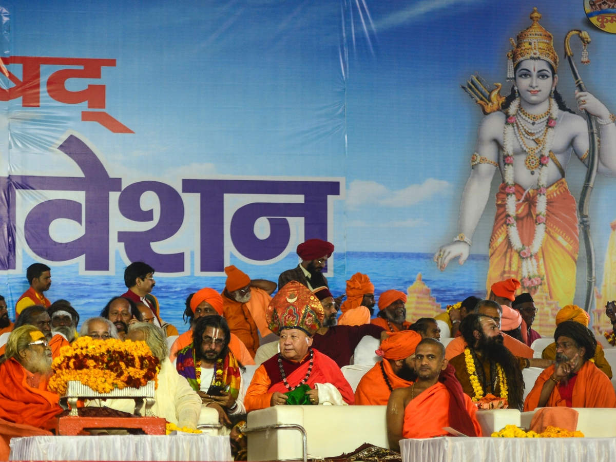 Saints and seers attend the 'Dharma Sansad' (a decision-making body of Hindu saints and seers) called by the Vishwa Hindu Parishad (VHP) organisation during the Kumbh Mela festival ( AFP Photo)