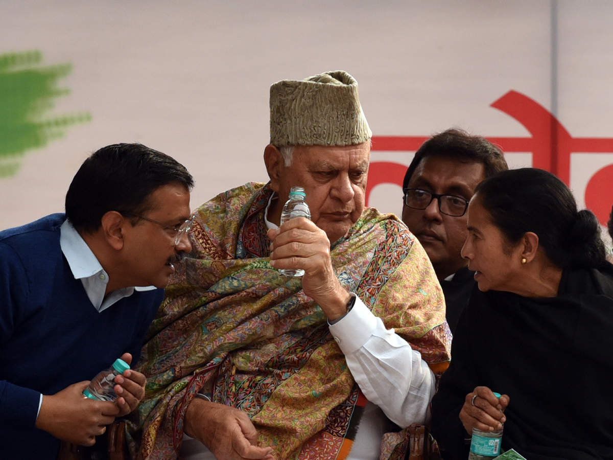Delhi CM Arvind Kejriwal, National Conference's Farooq Abdullah and West Bengal Mamata Banerjee at the 'Save Democracy' rally in New Delhi. (TOI photo | Piyal Bhattacharjee)