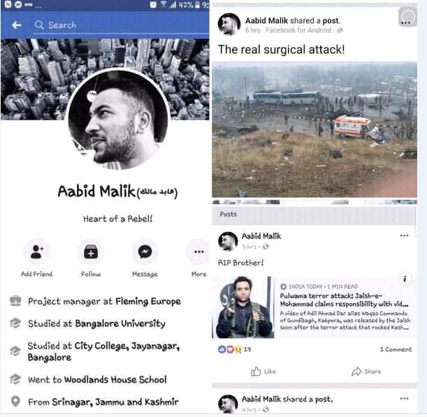 Police booked Kashmiri youth Aabid Malik, who had stayed in Bengaluru until six months ago, for sedition after he posted messages backing the Pulwama attackers and criticising the Indian Army on his Facebook wall.