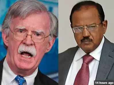 A combination of photos showing US NSA John Bolton and his Indian counterpart Ajit Doval 