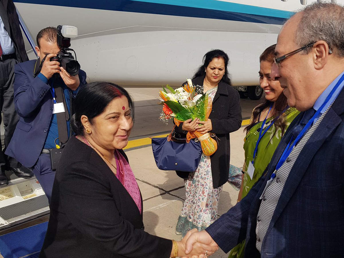 Sushma Swaraj upon arrival in Rabat, Morocco. (Courtesy: Twitter | @MEAIndia)