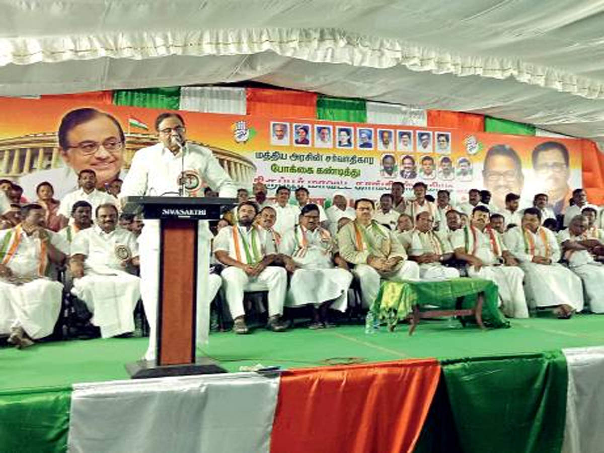 POLL PROMISE: Senior Congress leader and former Union finance minister P Chidambaram addresses a public meeting at Tirupur on Saturday