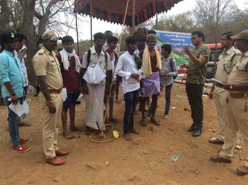 Forest department personnel, along with volunteers, advised devotees at Male Mahadeshwaraswamy (MM) Hills in Chamarajanagar district about the safety measures needed to be adopted in order to prevent wildfire in the forests