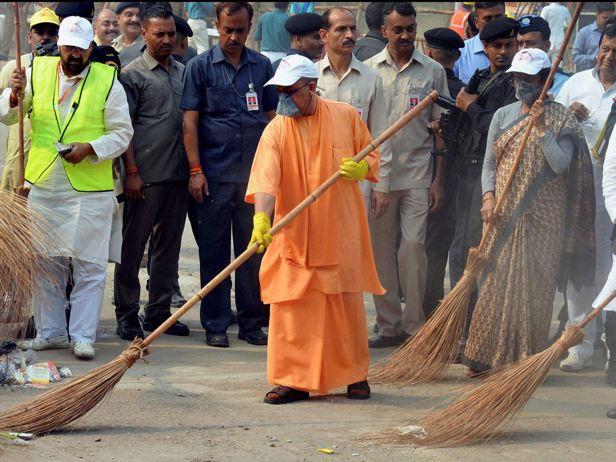 UP CM Yogi Adityanath takes part in a cleanliness in Agra
