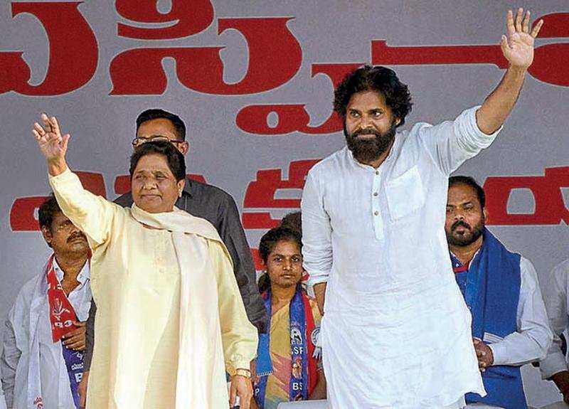 TOGETHER WE WIN:  BSP president Mayawati (left) and Jana Sena chief Pawan Kalyan during their public meeting in Tirupati on Thursday