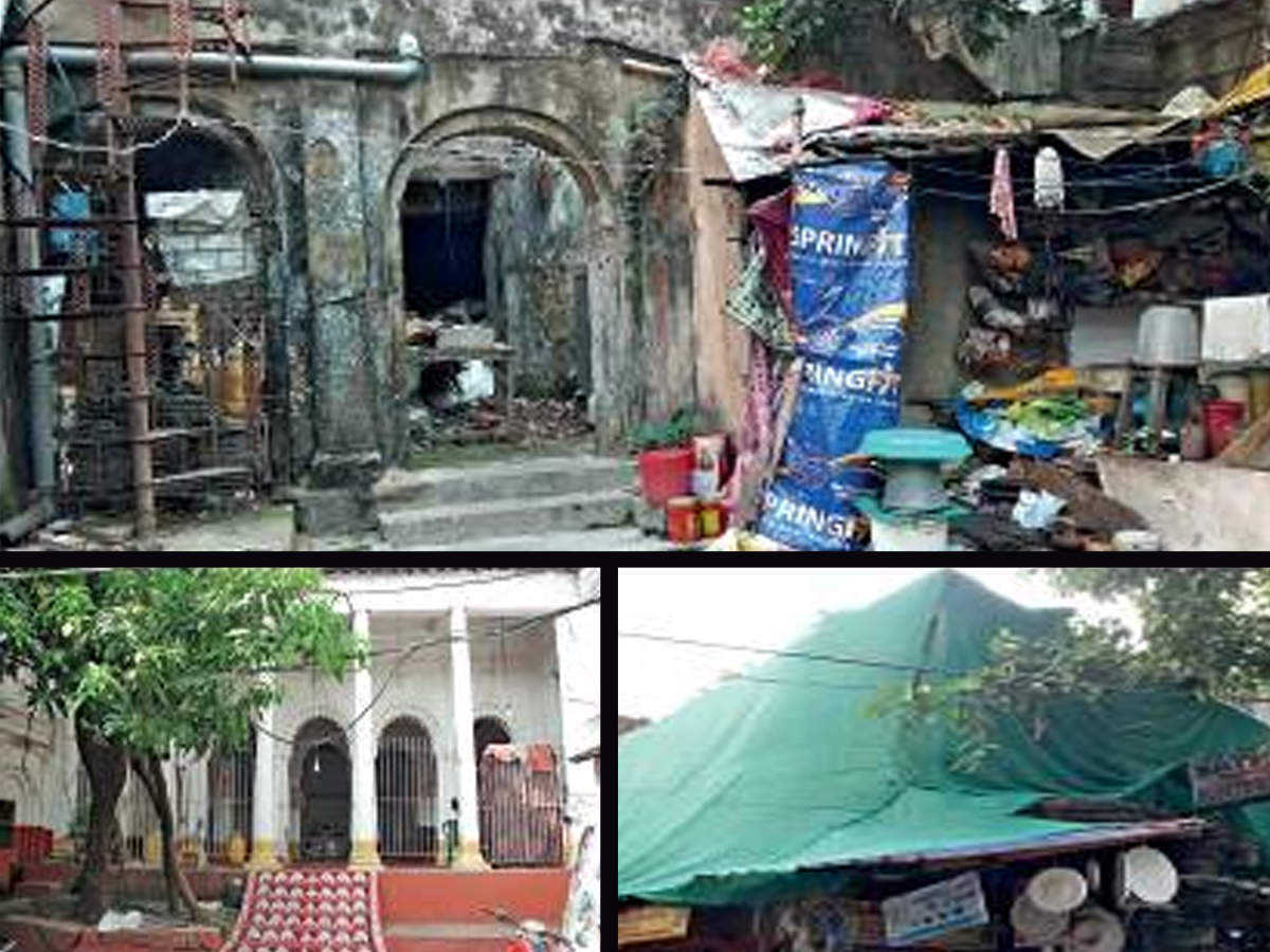 (Clockwise from top) The weak part of 9, SN Banerjee Road premises; a part of the structure covered by safety netting; the puja area