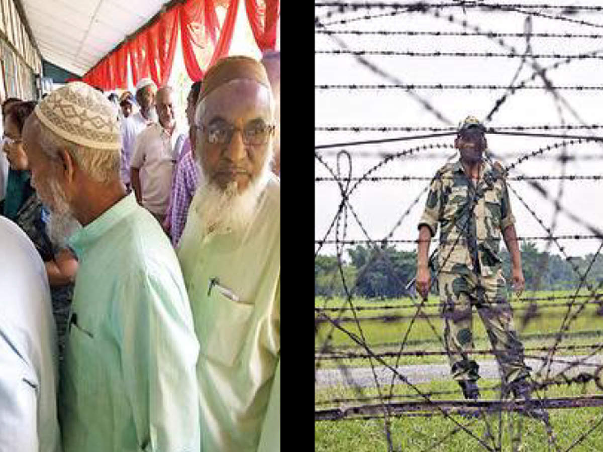 People queue up at a booth in Dhubri on Tuesday; a file photo of a BSF official on the India-Bangladesh border