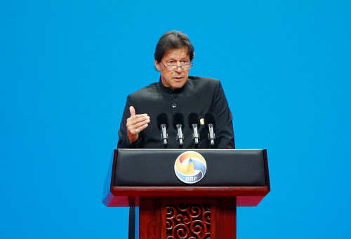 Pakistani Prime Minister Imran Khan delivers a speech at the opening ceremony for the second Belt and Road Forum in Beijing (Reuters)