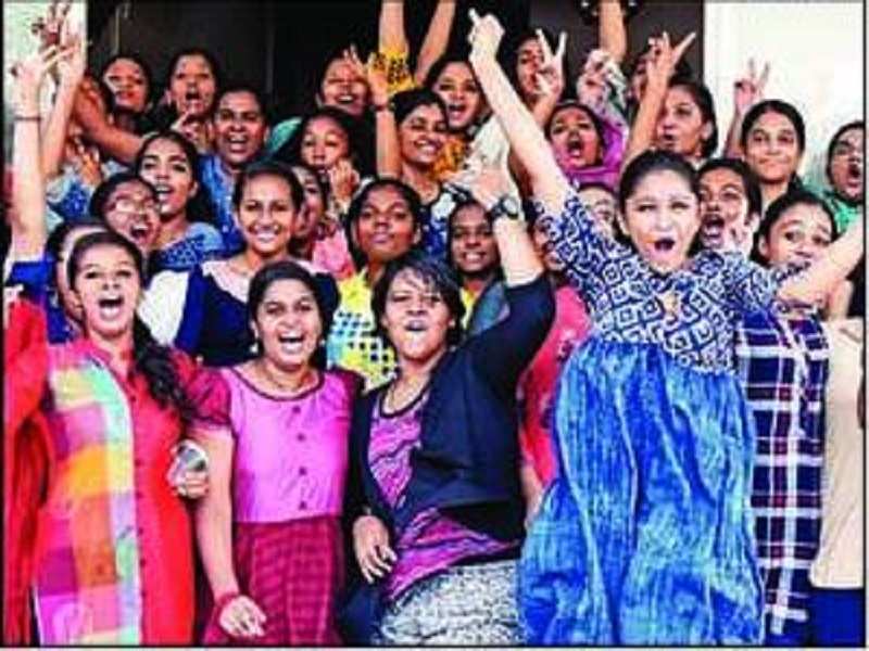 Students of Carmel Girls Higher Secondary School in the state capital celebrate on Monday