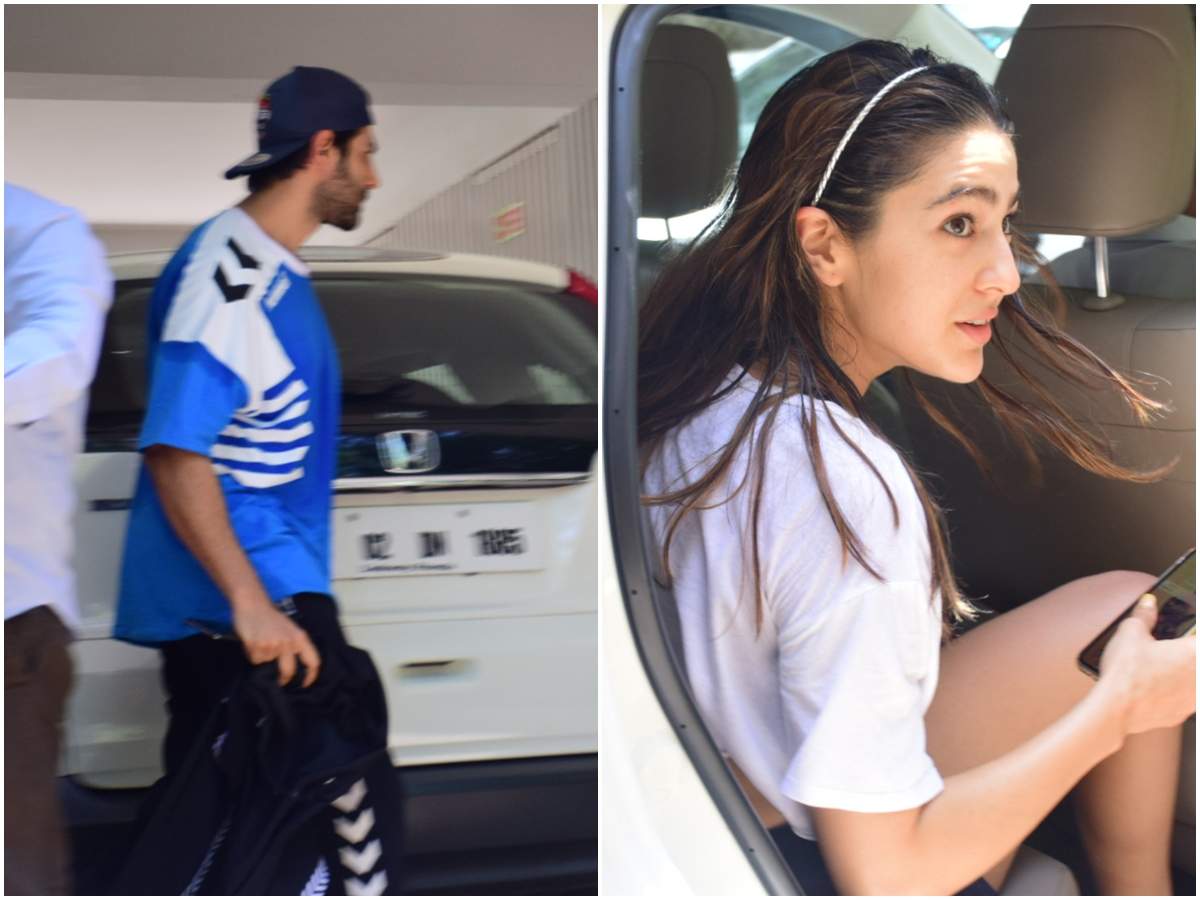 Photos: Sara Ali Khan snapped outside Kartik Aaryan's residence | Hindi