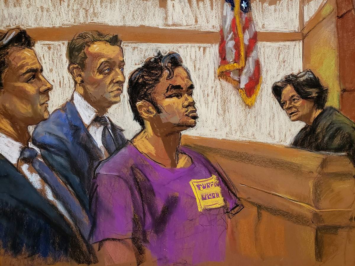 Ashiqul Alam appears before Judge Cheryl Pollak in US District Court along with lawyer James Darrow and Assistant US Attorney Jonathan Ager in connection with a planned attack on Times Square in this court sketch in New York City