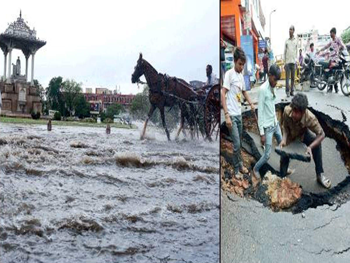 A horse carriage wades through the waterlogged roads at Statue Circle in the city. (right) JMC workers repair a part of the road that sank after the showers on Tuesday in Raja Park