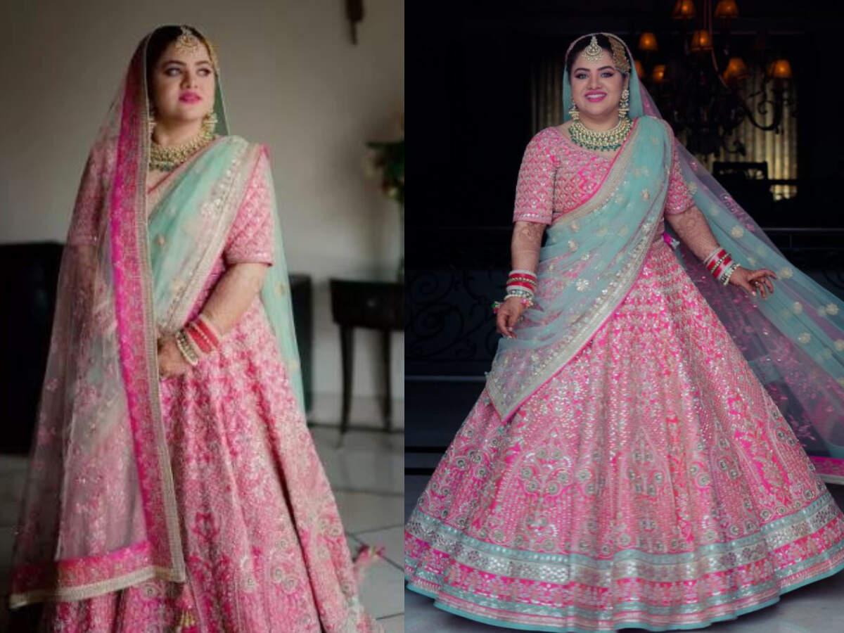 hot pink lehenga and sky-blue dupatta ...