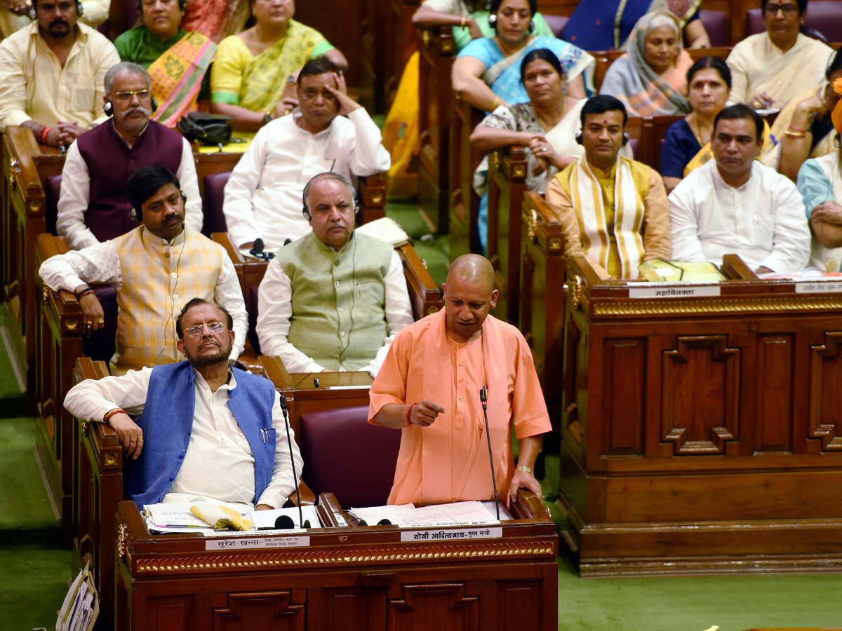 Chief Minister Yogi Adityanath addresses during the second day of the 36-hour special session in the UP Assembly in Lucknow on Thursday (PTI Photo)