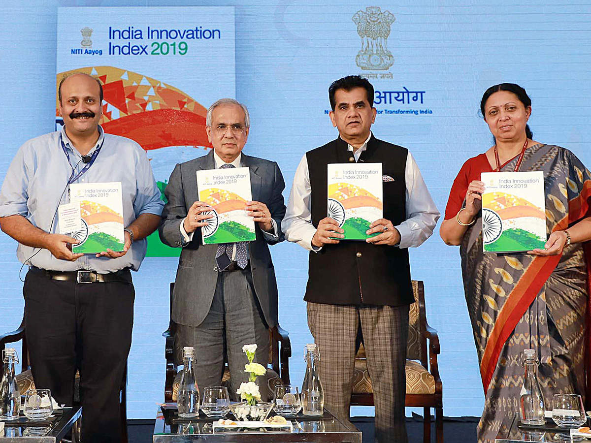 Niti Aayog vice-chairman Rajiv Kumar (2nd from left) and Niti CEO Amitabh Kant at the launch of the India Innovation Index. (ANI photo)