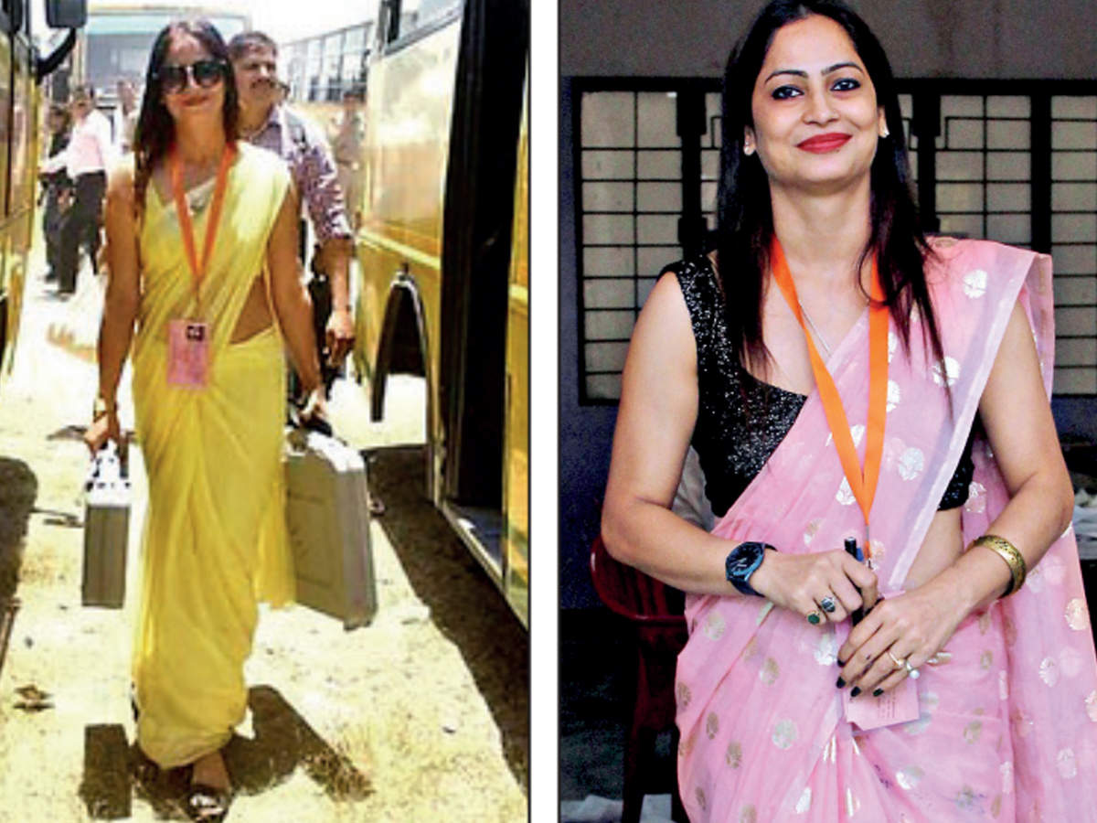 Returning officer Reena Dwivedi during Lok Sabha polls (L) & on poll duty at a college in Lucknow Cantt on Monday