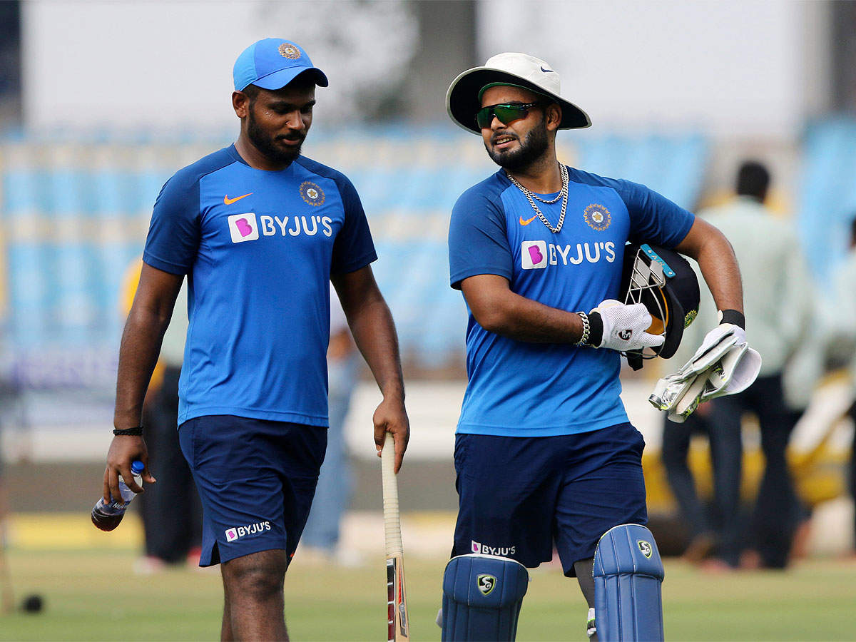 Sanju Samson and Rishabh Pant during a practice session in Rajkot. (AP Photo)