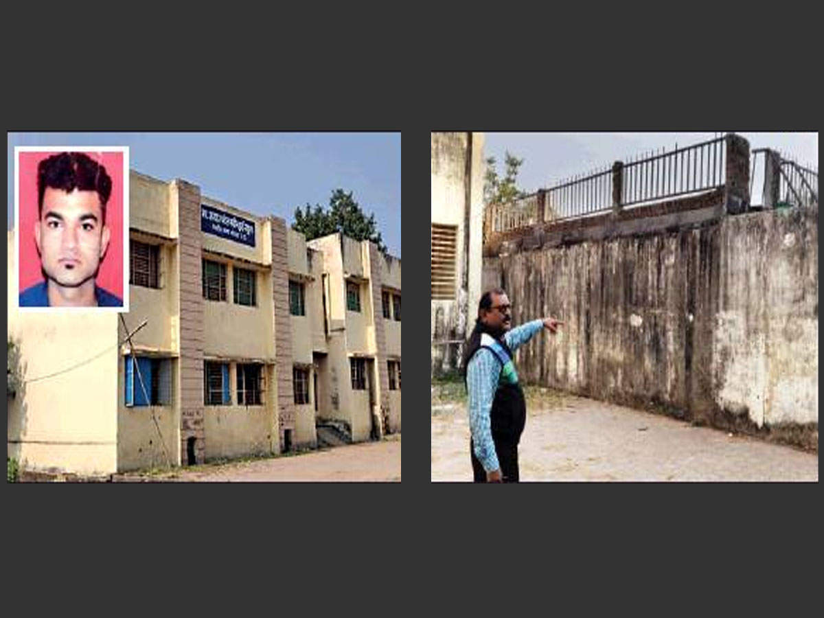 The school building where the body was found. (R) School principal Abhishek Singh Bains shows the way the accused might have taken to escape. (Inset) It is suspected that the body is of a youth, Anil Thakre, who is said to be missing since December 7