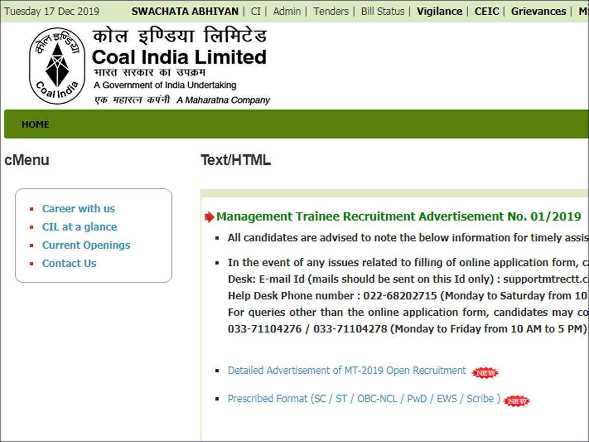 Coal India Management Trainee Recruitment 2019 Notification