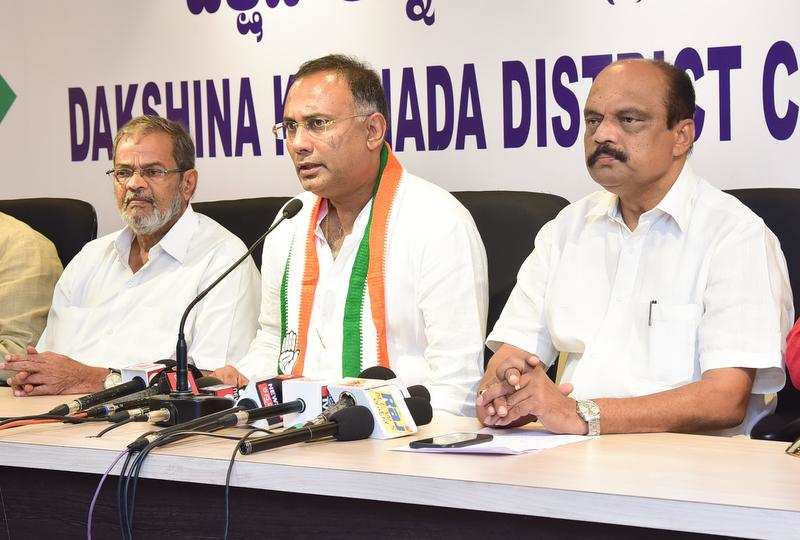 ACTION sought:  Dinesh Gundu Rao, working president, KPCC, addresses a press conference in Manglauru on Tuesday
