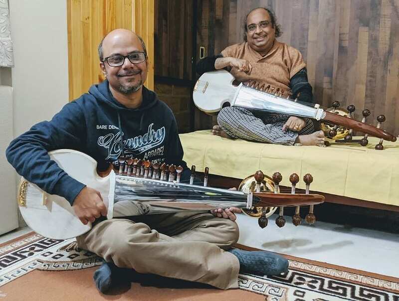 Srijato taking sarod classes from Tejendra Narayan Majumdar Bengali
