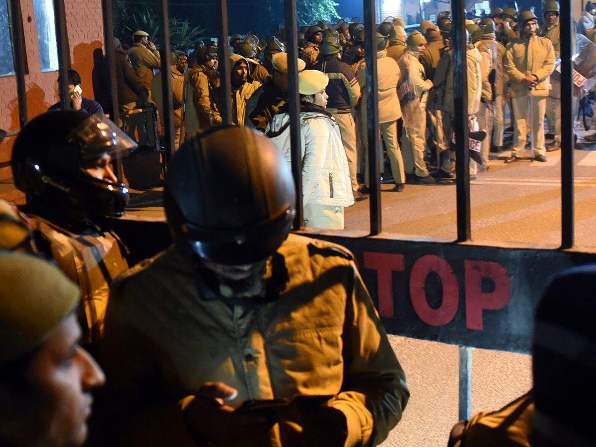 Police personnel deployed outside JNU campus after the violence on the campus