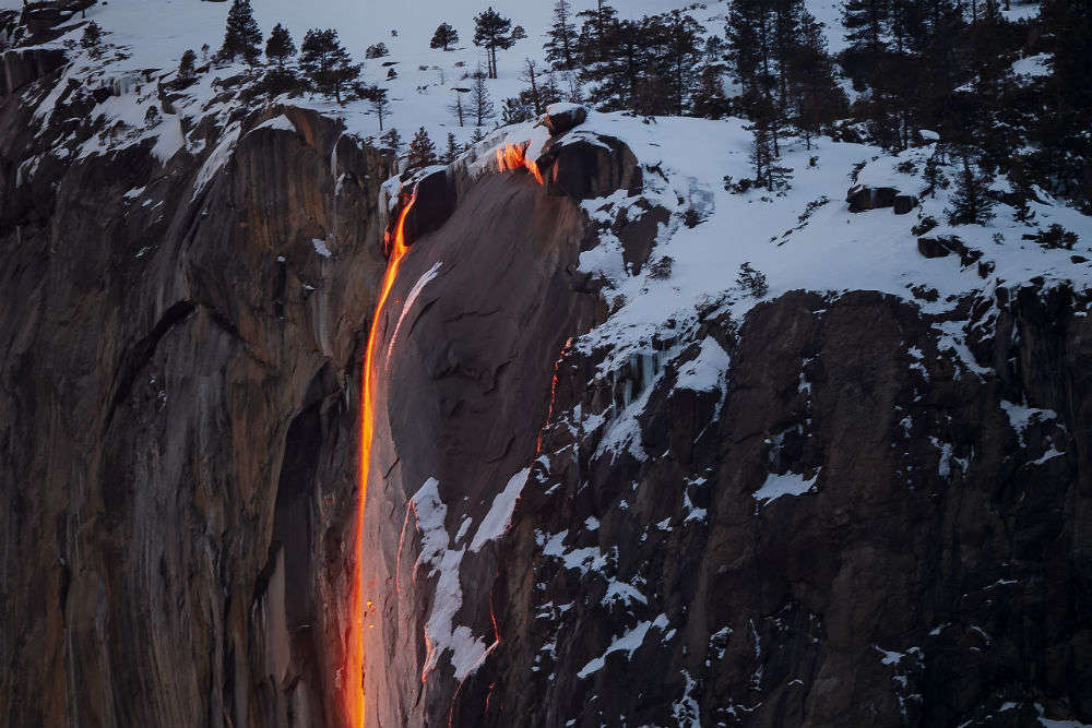 A fiery wonder! A fire waterfall exists in California