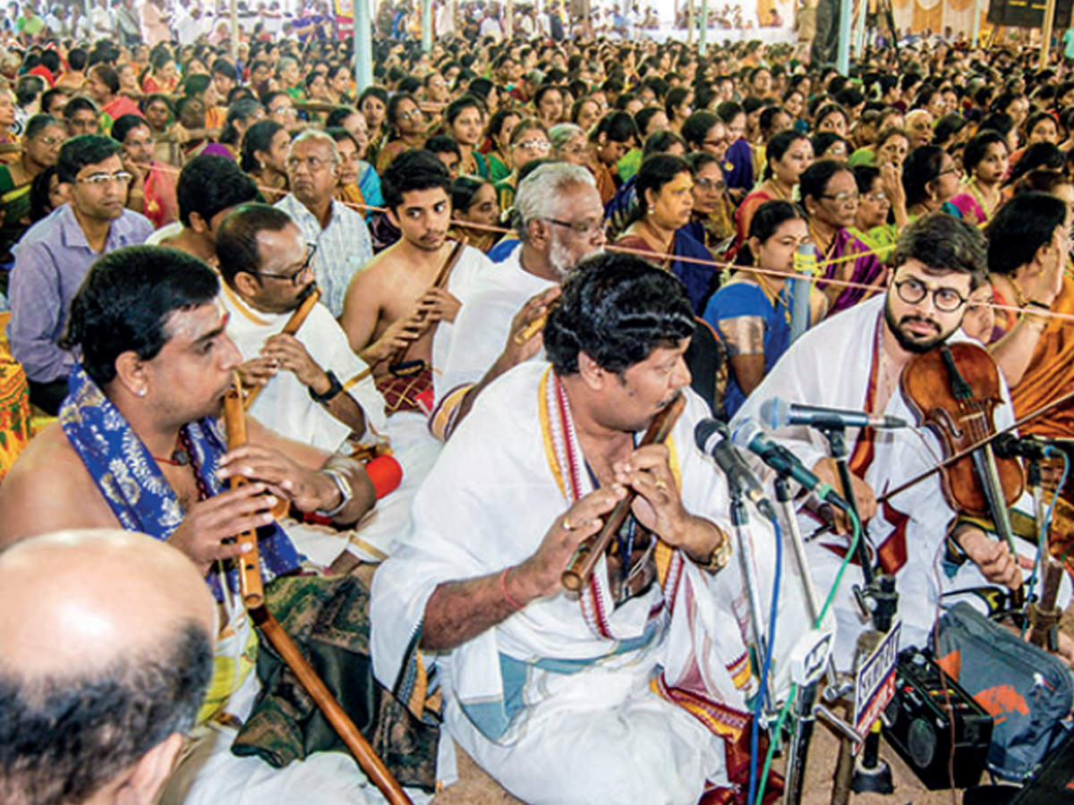 Hundreds of musicians perform in front of the samadhi of saint Thyagaraja at Tiruvaiyaru in Thanjavur