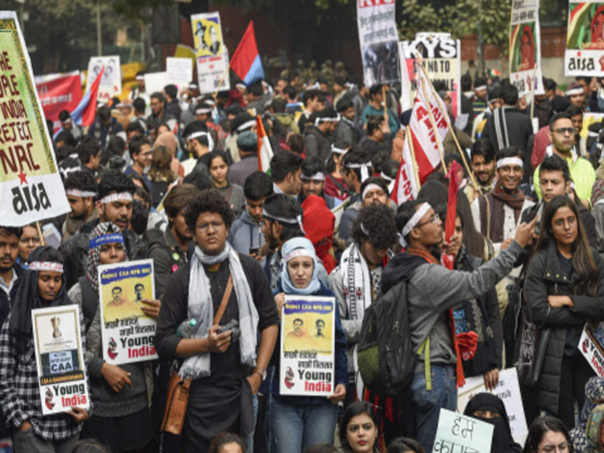 Protesters under the banner of 'Young India' participate in a demonstration against Citizenship (Amendment) Act and National Register of Citizens, in New Delhi on Monday (Photo: PTI)