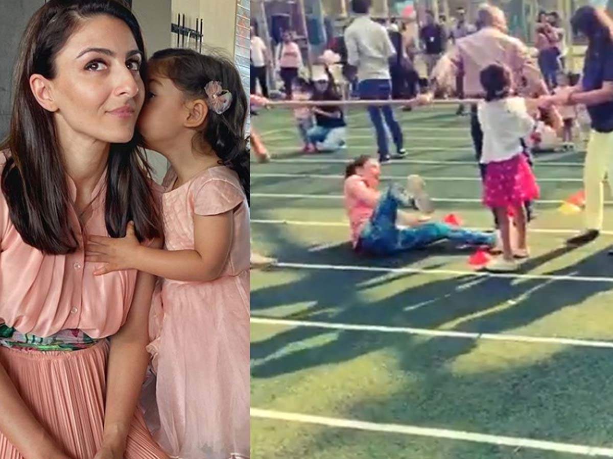 Video Soha Ali Khan Falls During Tug Of War Game At Daughter