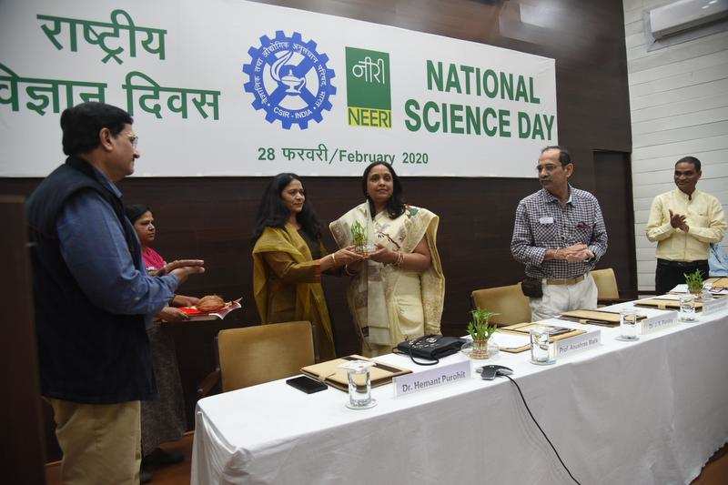 Prof Anushree Malik being felicitated before delivering National Science Day lecture at Neeri Auditorium, on Friday