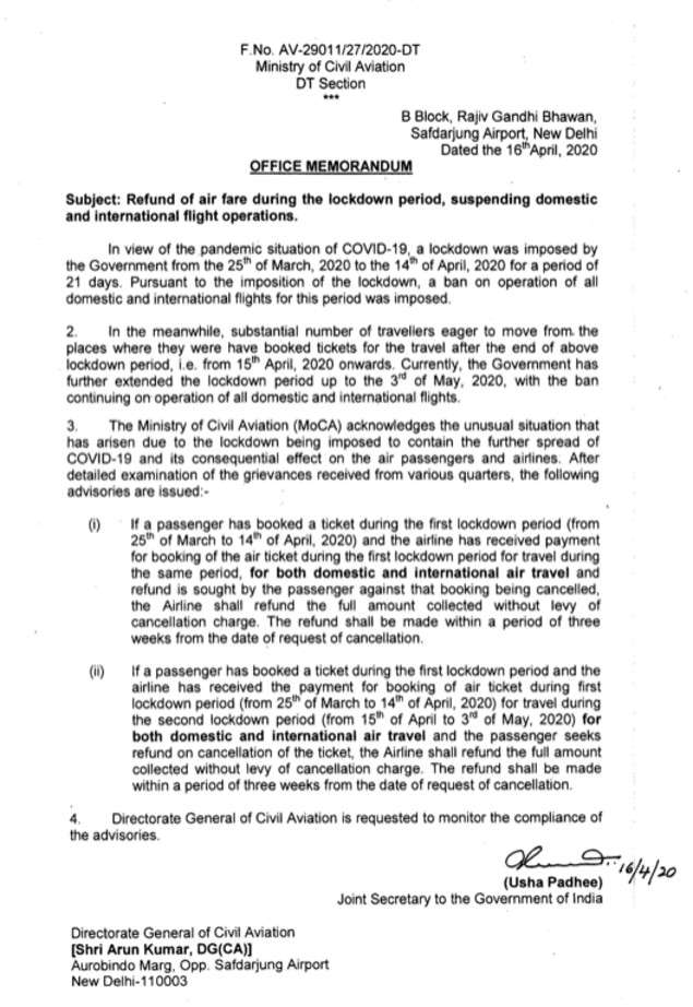 Flight Ticket Refund Give Full Refund For Tickets Booked During Lockdown For Cancelled Flights Government Tells Airlines India Business News Times Of India