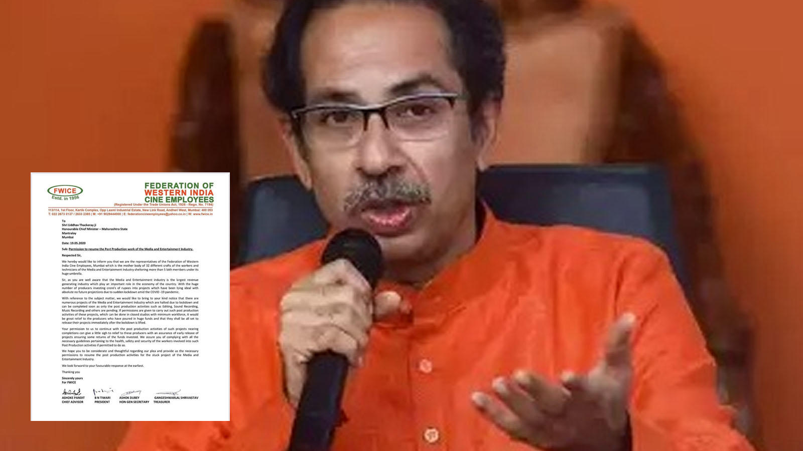 FWICE requests Maharashtra CM Uddhav Thackeray to resume post-production  work on unfinished ventures | Hindi Movie News - Bollywood - Times of India