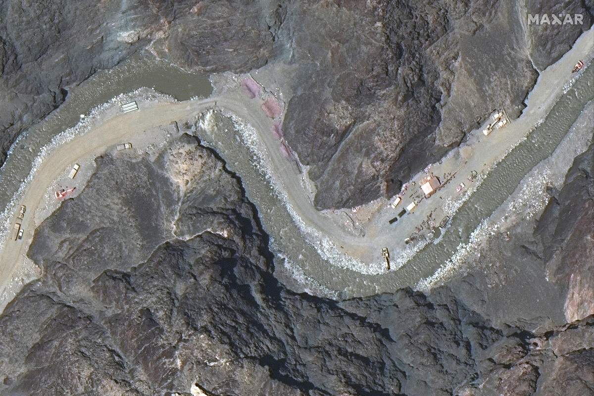 Maxar WorldView-3 satellite image shows close up view of road construction near the Line of Actual Control (LAC) border in the eastern Ladakh sector of Galwan Valley (Reuters photo)
