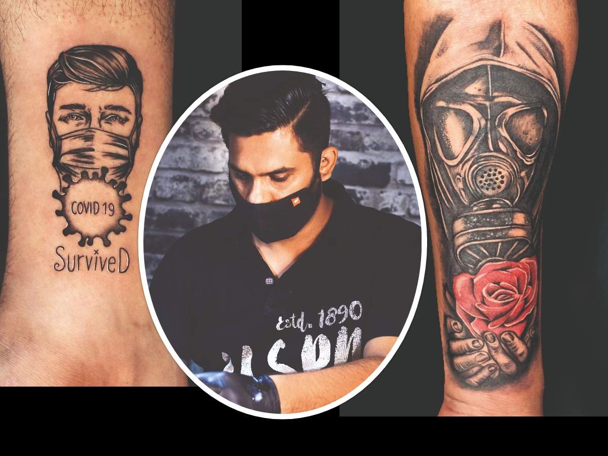Danish Ahmed with the two corona tattoo designs he has inked 