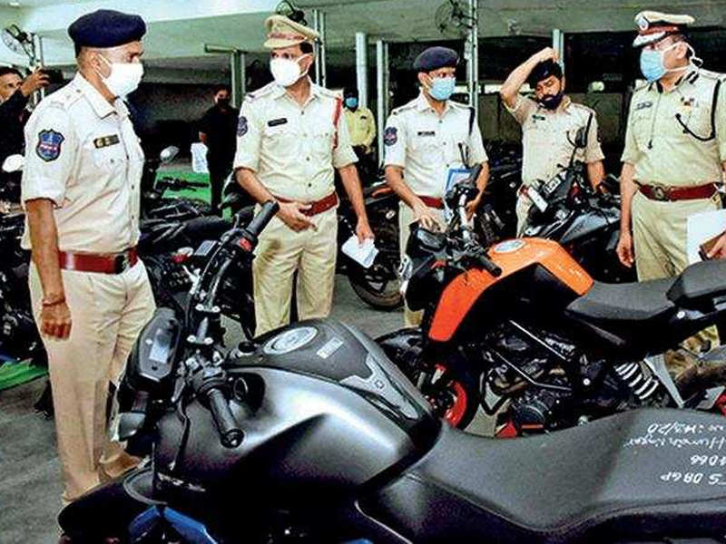 Police commissioner Anjani Kumar takes a look at some of the seized bikes at Karkhana in Secunderabad on Wednesday