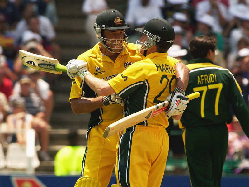Andrew Symonds celebrates after scoring a century during the 2003 ICC World Cup. (Photo by Stu Forster/Getty Images)