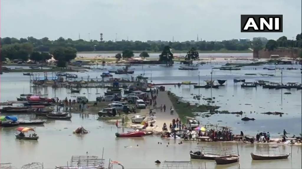 Low-lying areas of Prayagraj affected due to rise in water levels of Ganga and Yamuna rivers. (ANI Photo)
