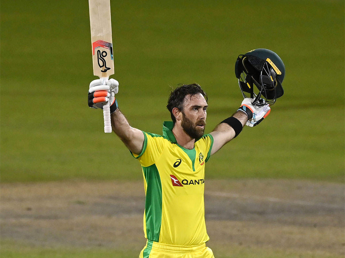 Glenn Maxwell celebrates his century during the third ODI against England at Old Trafford in Manchester. (AP Photo)