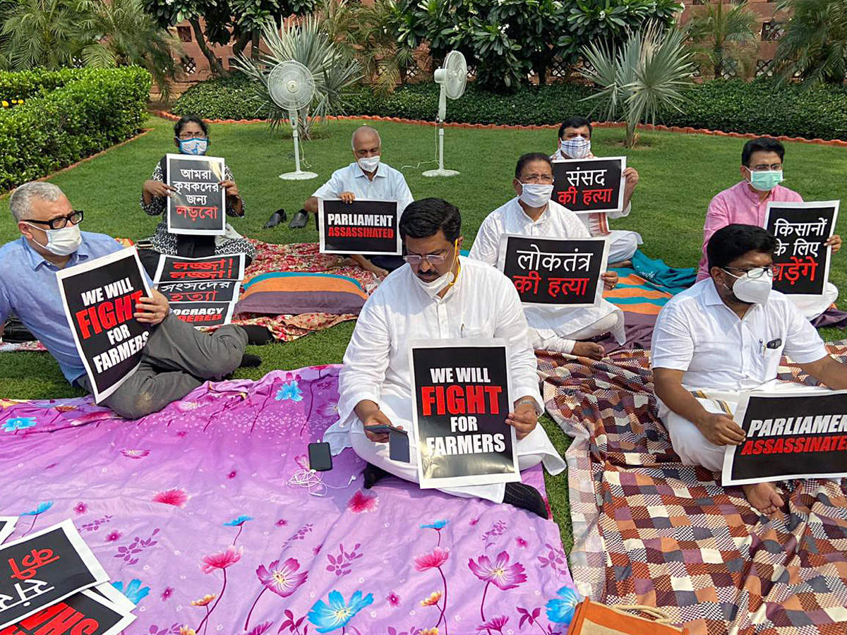 Oppn parties hit out at govt over suspension of 8 MPs, hold protest at Parliament premises