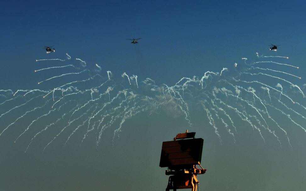 IAF helicopters perform during the full dress rehearsal of Air Force Day Parade 2020 at Hindon Air Force base in Ghaziabad on Tuesday. (ANI photo)