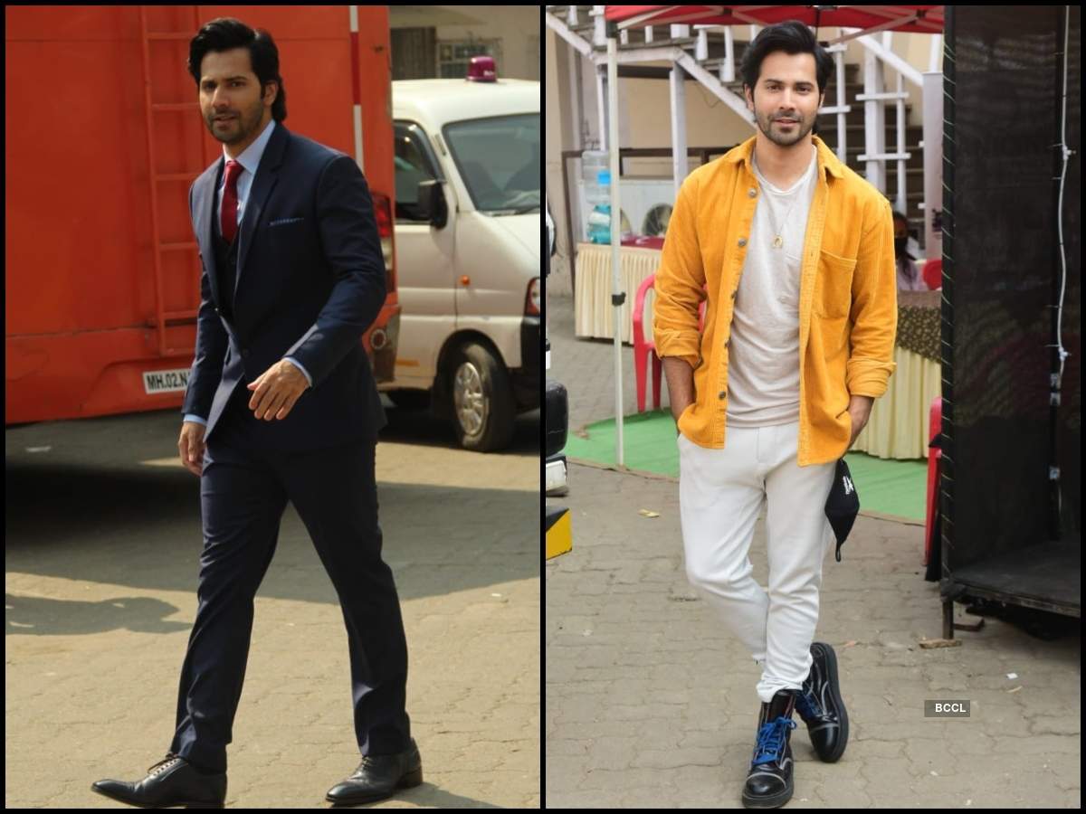 Varun looks handsome in a black and white jacket paired with printed  T-shirt, blue denims and grey canvas shoes | Varun dhawan, Varun, How to  look handsome