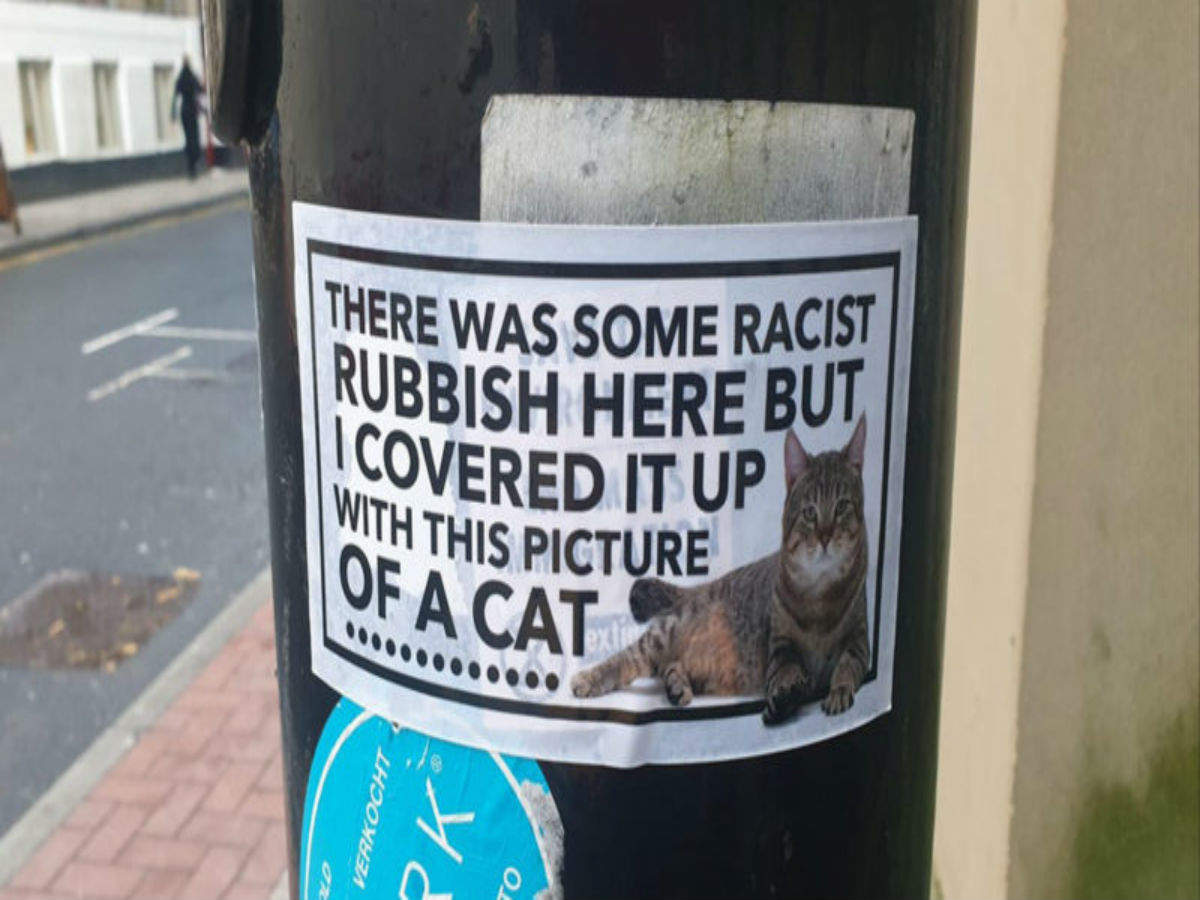 An anonymous hero in Manchester is covering racist graffiti with cat stickers
