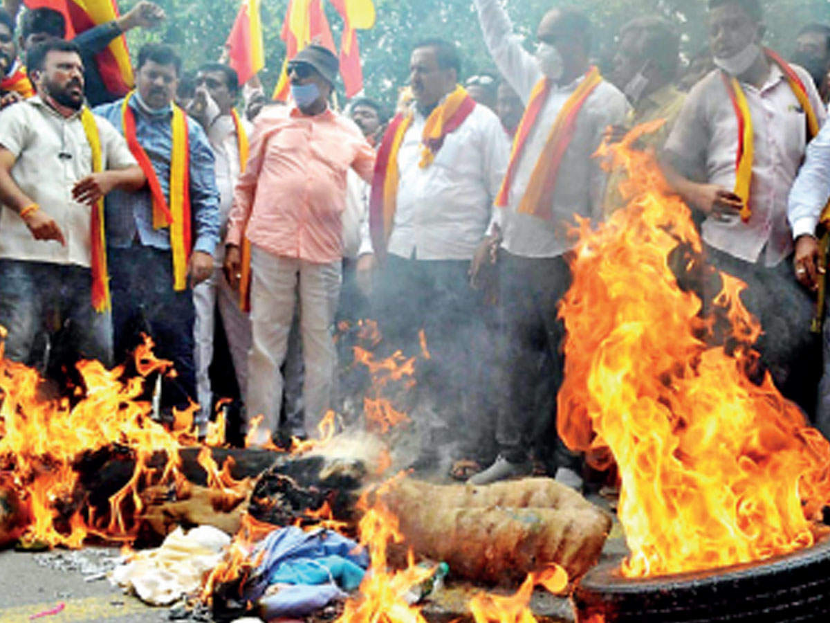 Activists stage a protest in Bengaluru on Tuesday against the BJP government’s move to set up Maratha Development Authority