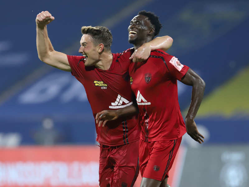 Idrissa Sylla (right) of NorthEast United FC celebrates after scoring a goal . (ISL Photo)